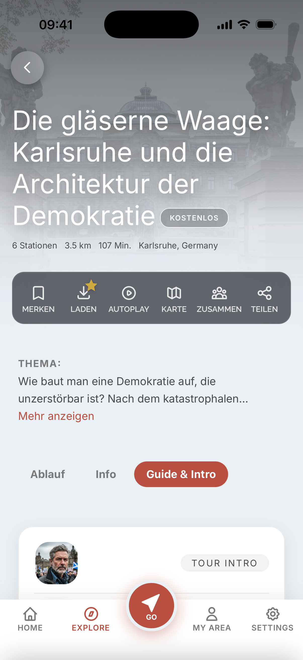 Screenshot einer Red Thread Tourdetailseite mit Story-Abschnitt und Tourinformationen